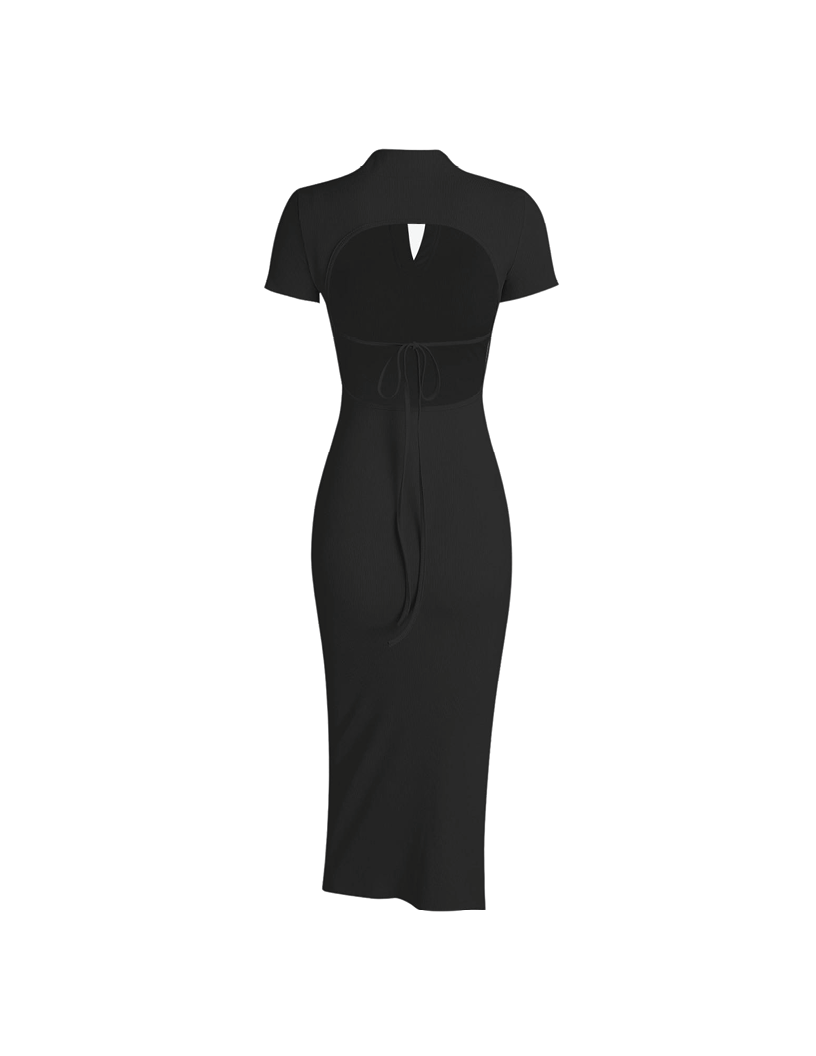 Any Occassion - Black Ribbed V-Neck Backless Tie-Up Dress